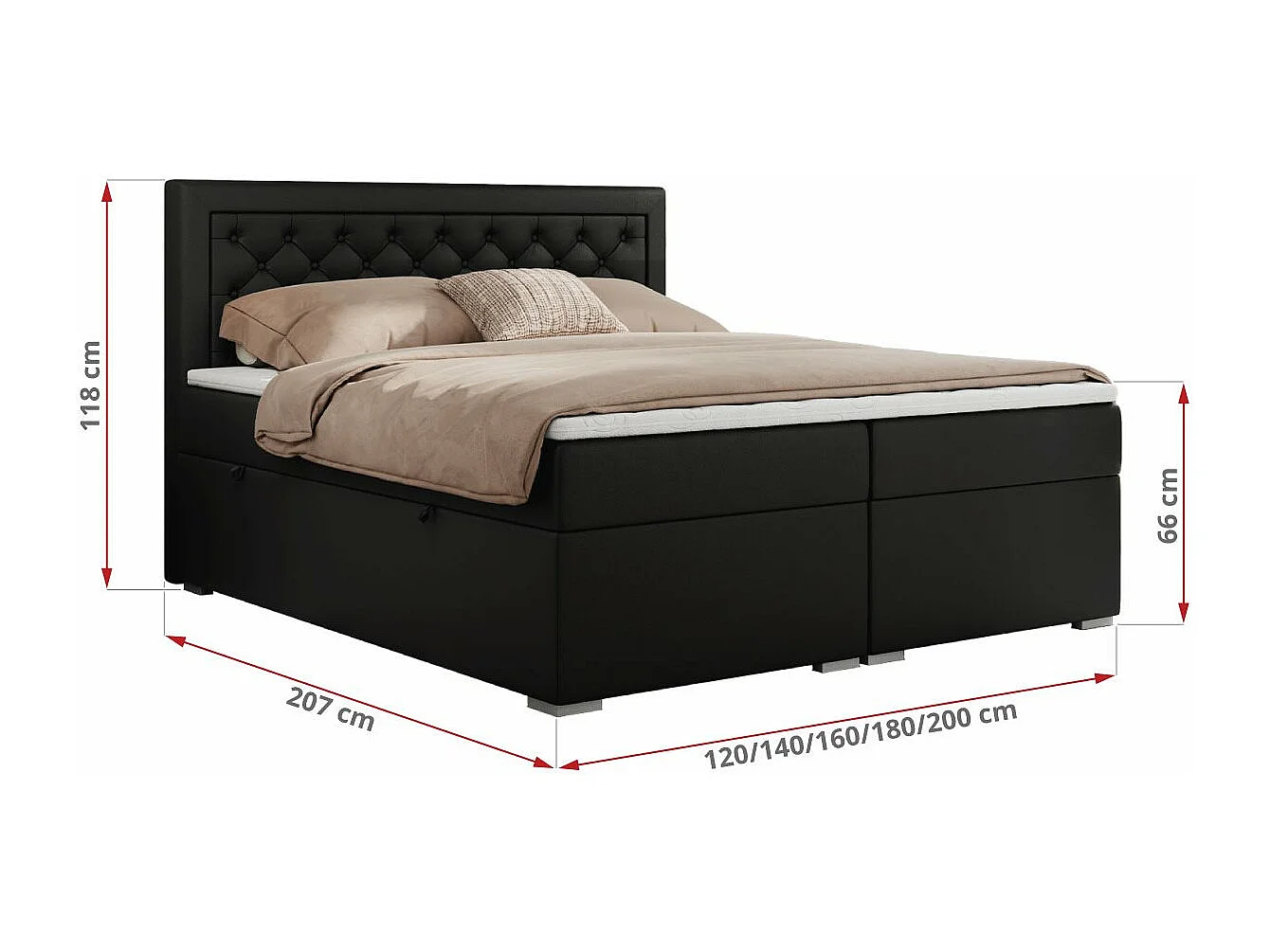 Boxspringbett JASIR - mit gestepptem Kopfteil, Doppelbett für Schlafzimmer, Multipocket-Matratze, Stauraum - 140x200 cm - H3 - Schwarz Kunstleder