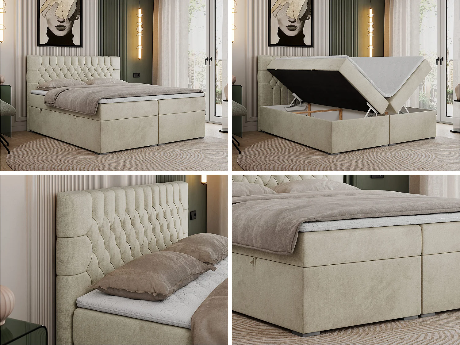 Boxspringbed met hoofdbord H3 + Topper T25 - Beige Fluweel - 180x200 - PERA