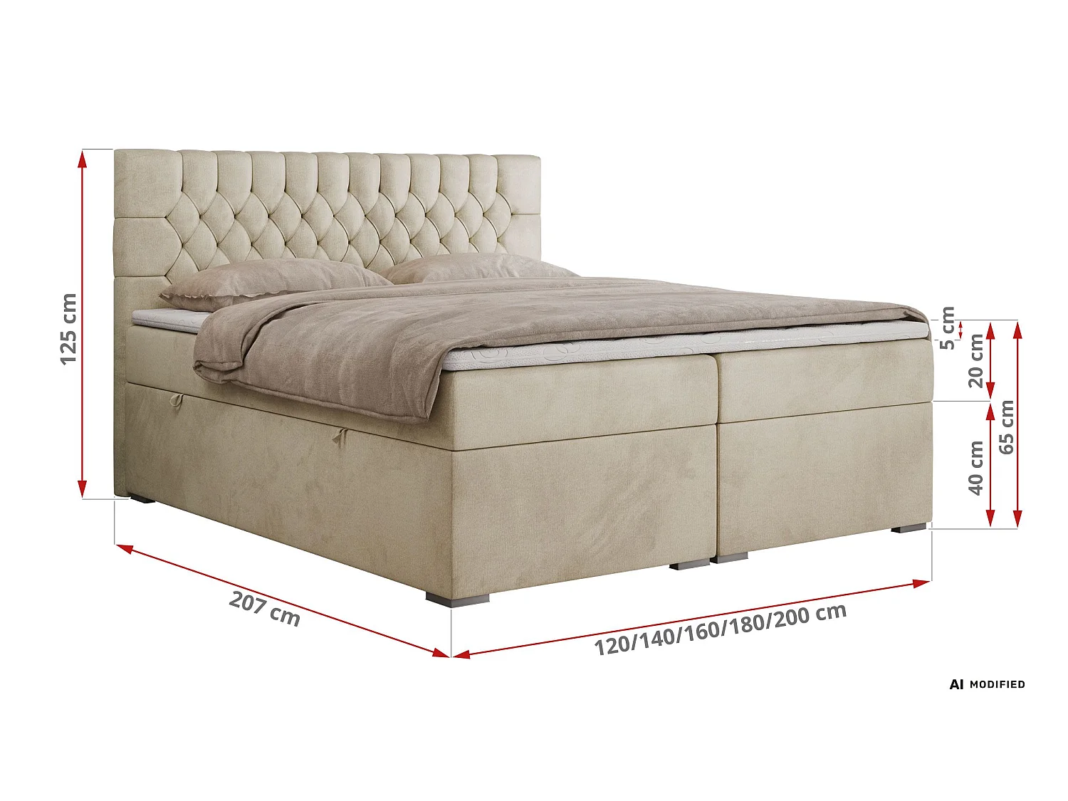 Boxspringbed met hoofdbord H3 + Topper T25 - Beige Fluweel - 180x200 - PERA