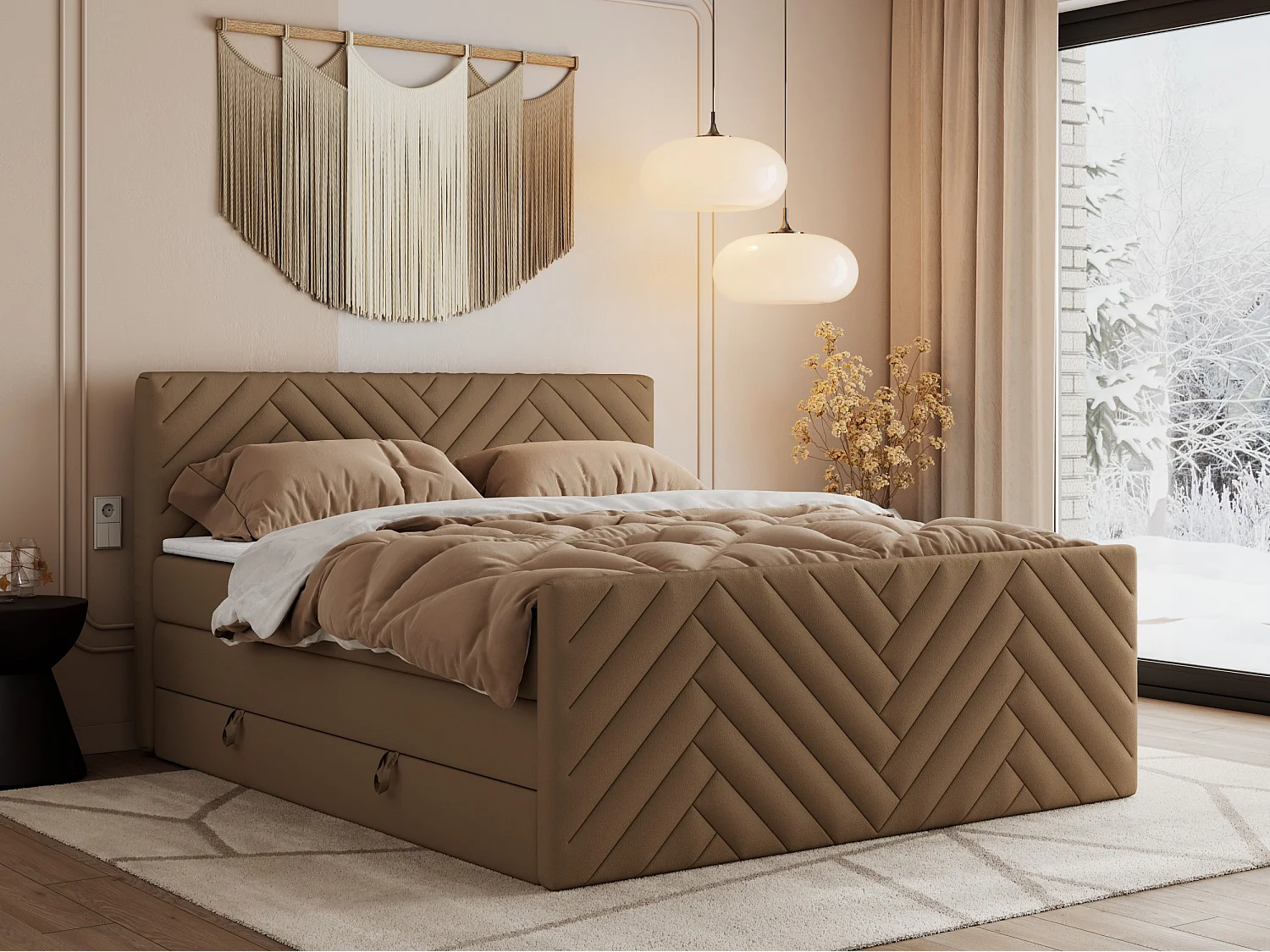 Boxspringbett PARIS KING DUO - dekorative Kopfstütze und Front, zwei Multipocket-Matratze mit Topper - 160x200 cm - H3 - Braun Kunstleder