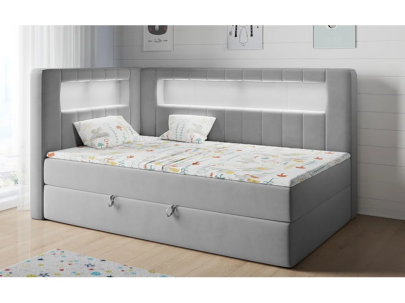 Kinderbett JUNIOR GOLD 3 - Einzelbett mit Matratze, LED-Beleuchtung, Bettkasten - 90x200 cm - Links Seite