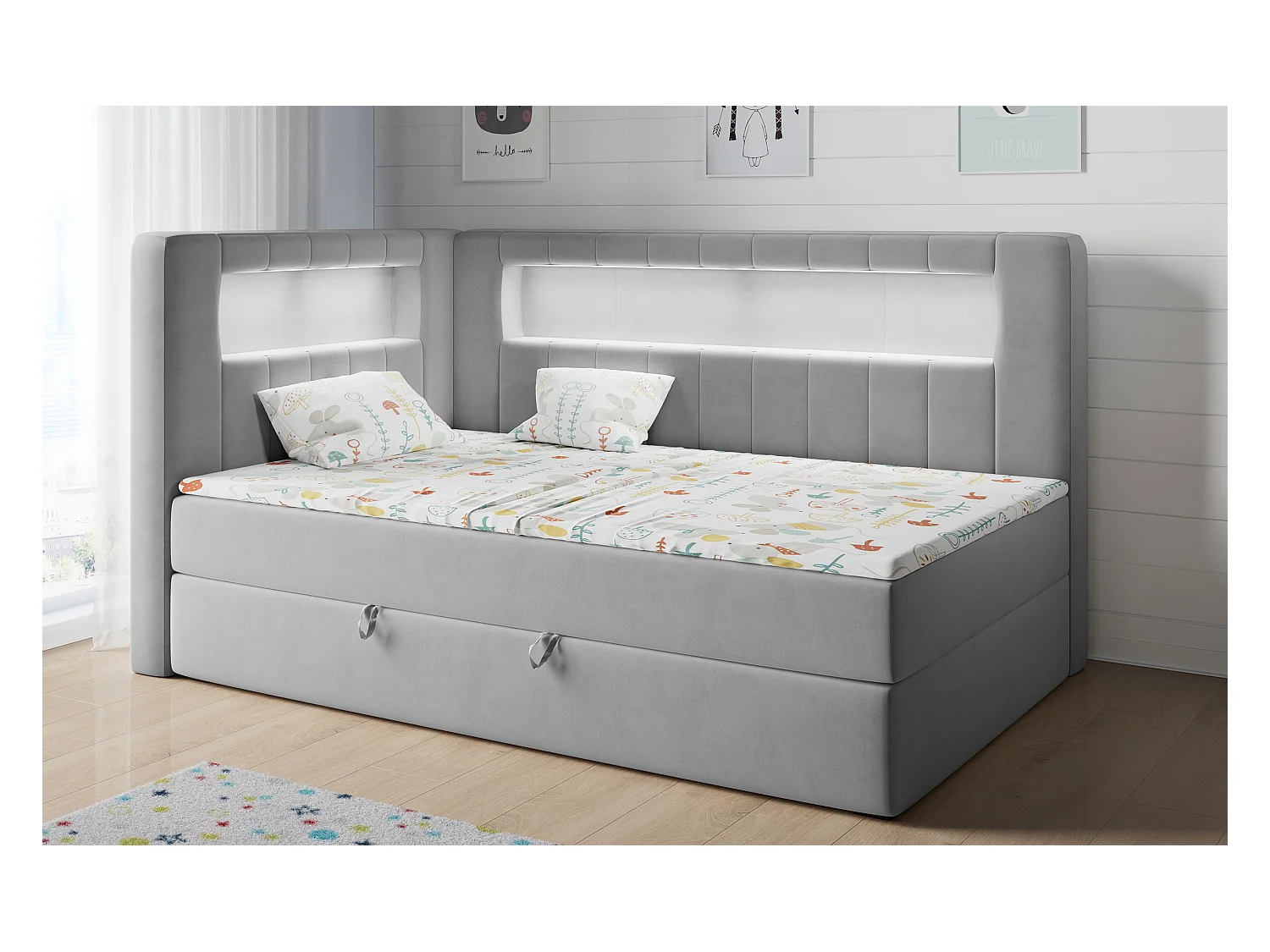 Kinderbett JUNIOR GOLD 3 - Einzelbett mit Matratze, LED-Beleuchtung, Bettkasten - 90x200 cm - Links Seite