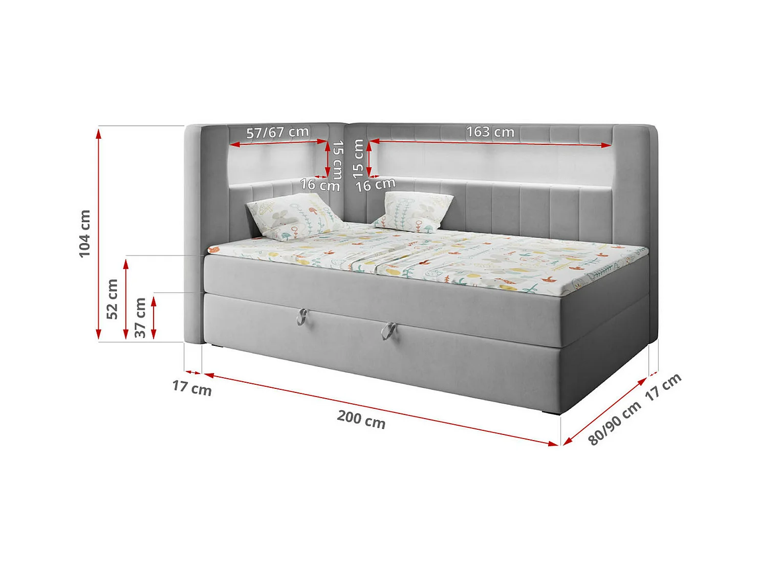 Kinderbett JUNIOR GOLD 3 - Einzelbett mit Matratze, LED-Beleuchtung, Bettkasten - 90x200 cm - Links Seite