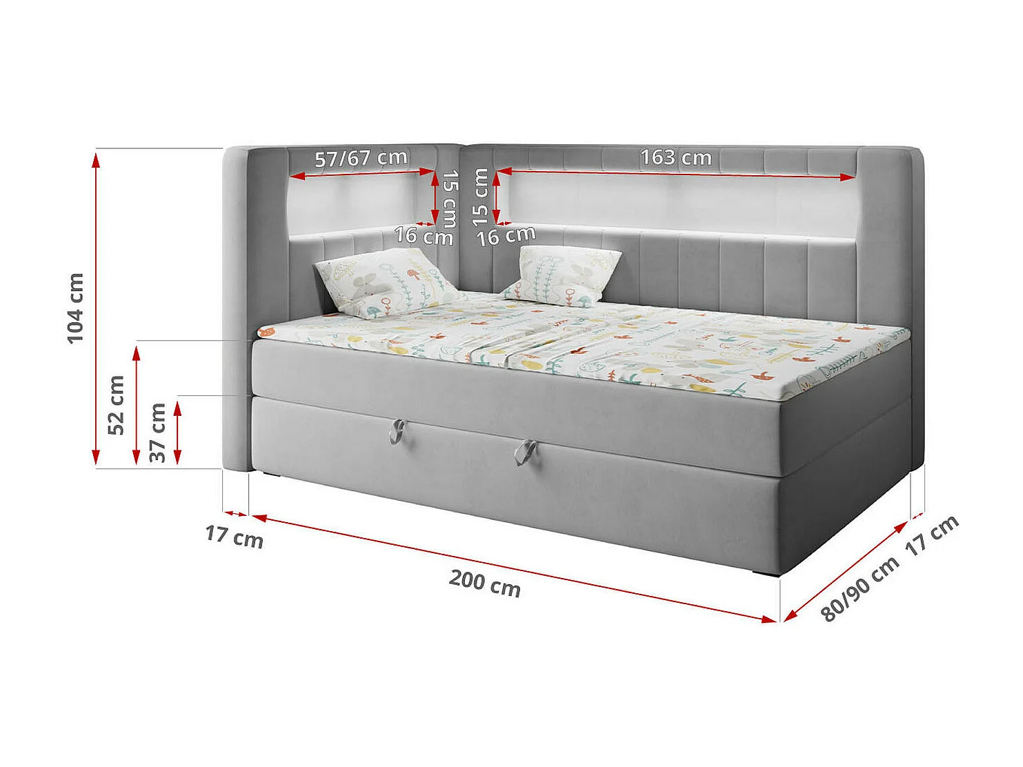 Kinderbett JUNIOR GOLD 3 - Einzelbett mit Matratze, LED-Beleuchtung, Bettkasten - 90x200 cm - Links Seite