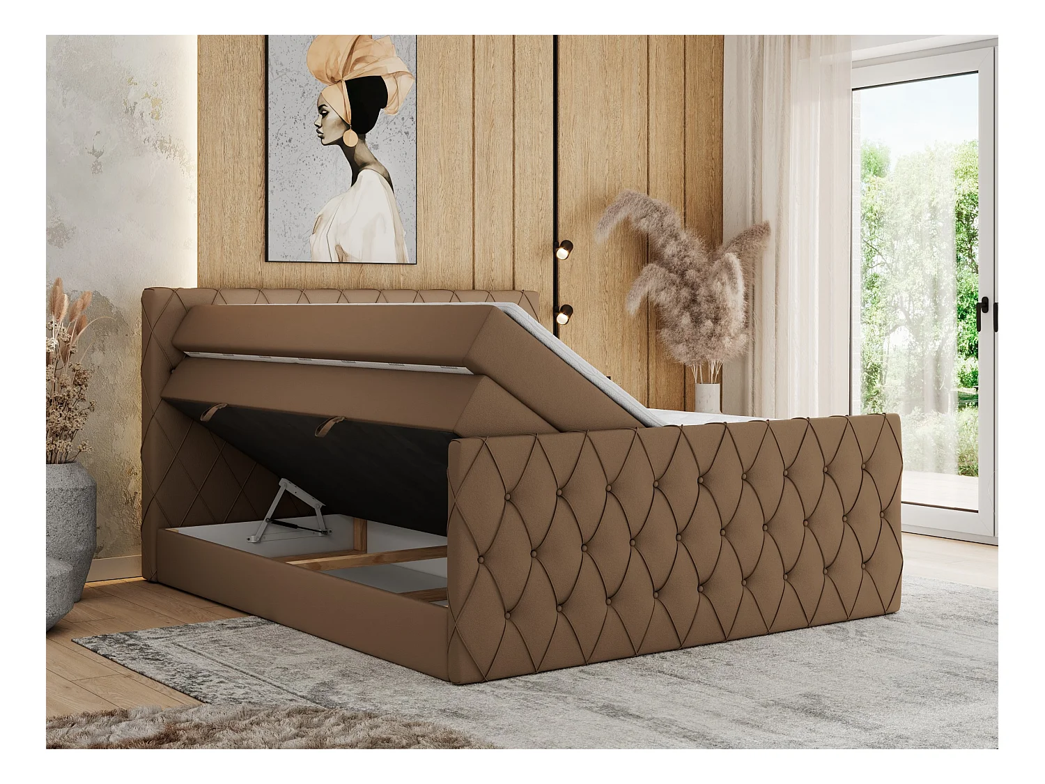 Boxspringbett MIREN KING DUO - für Schlafzimmer mit zwei Multipocket-Matratzen und Topper, gestepptes Kopfteil und Front  - 140x200 cm - H4 - Braun Kunstleder