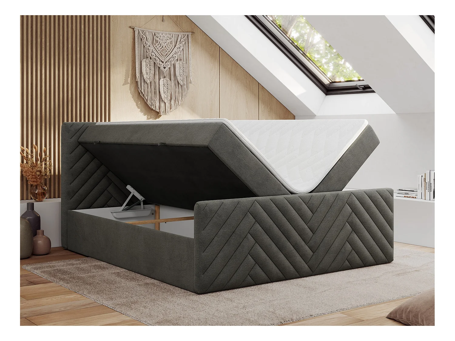 Boxspringbett PARIS DUO - Polsterbett mit genähtem Kopfteil und Frontplatte, Doppelbett, zwei Bettkästen - 200x200 cm - H4 - Dunkelgrau Velvet