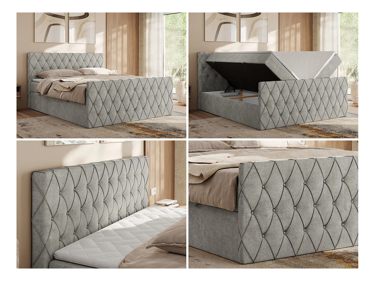 Boxspringbett MIREN DUO - mit gestepptem Kopfteil und Front, Multipocket-Matratze, zwei Bettkästen - 200x200 cm - H3 - Hellgrau Strukture