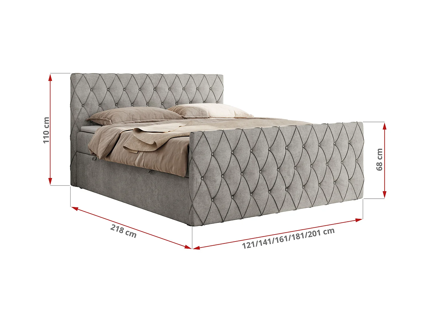 Boxspringbett MIREN DUO - mit gestepptem Kopfteil und Front, Multipocket-Matratze, zwei Bettkästen - 200x200 cm - H3 - Hellgrau Strukture