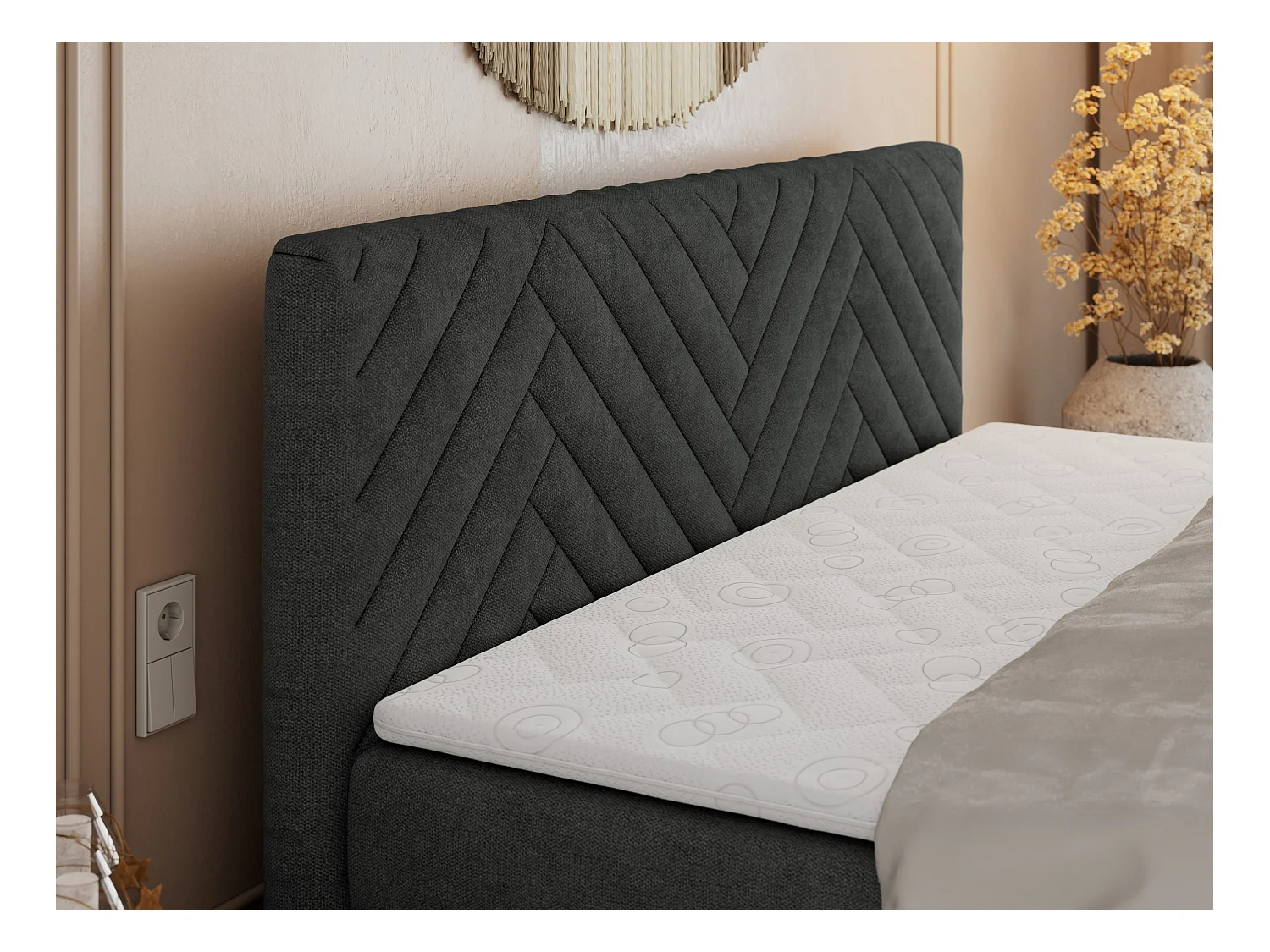 Boxspringbett PARIS KING DUO - dekorative Kopfstütze und Front, zwei Multipocket-Matratze mit Topper - 200x200 cm - H3 - Dunkelgrau Strukture