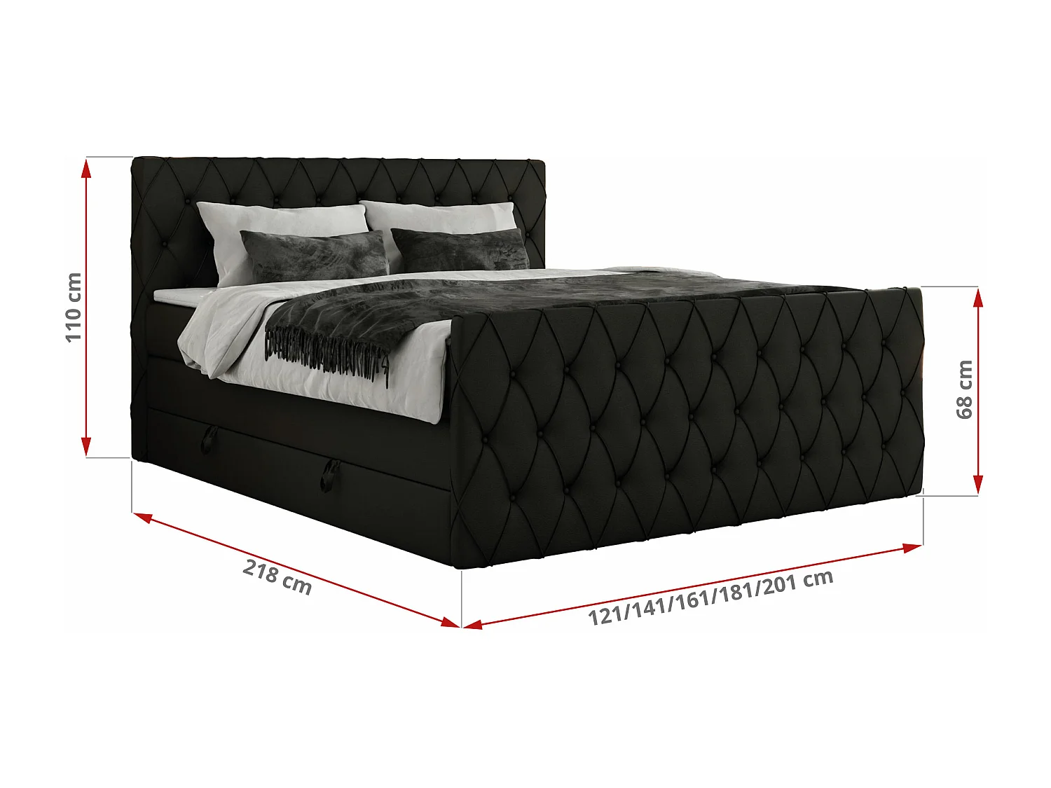 Boxspringbett MIREN KING DUO - für Schlafzimmer mit zwei Multipocket-Matratzen und Topper, gestepptes Kopfteil und Front  - 200x200 cm - H3 - Schwarz Kunstleder