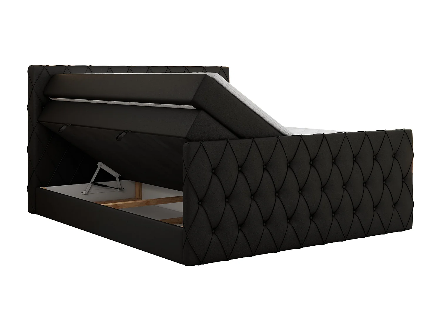 Boxspringbett MIREN KING DUO - für Schlafzimmer mit zwei Multipocket-Matratzen und Topper, gestepptes Kopfteil und Front  - 200x200 cm - H3 - Schwarz Kunstleder