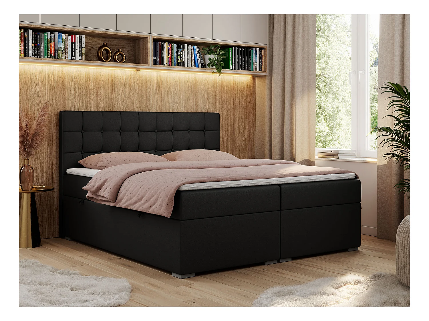 Boxspringbett CARMEN - Polsterbett mit zwei Bettkästen, gesteppte Kopfstütze, Multipocket-Matratze - 120x200 cm - H3 - Schwarz Kunstleder