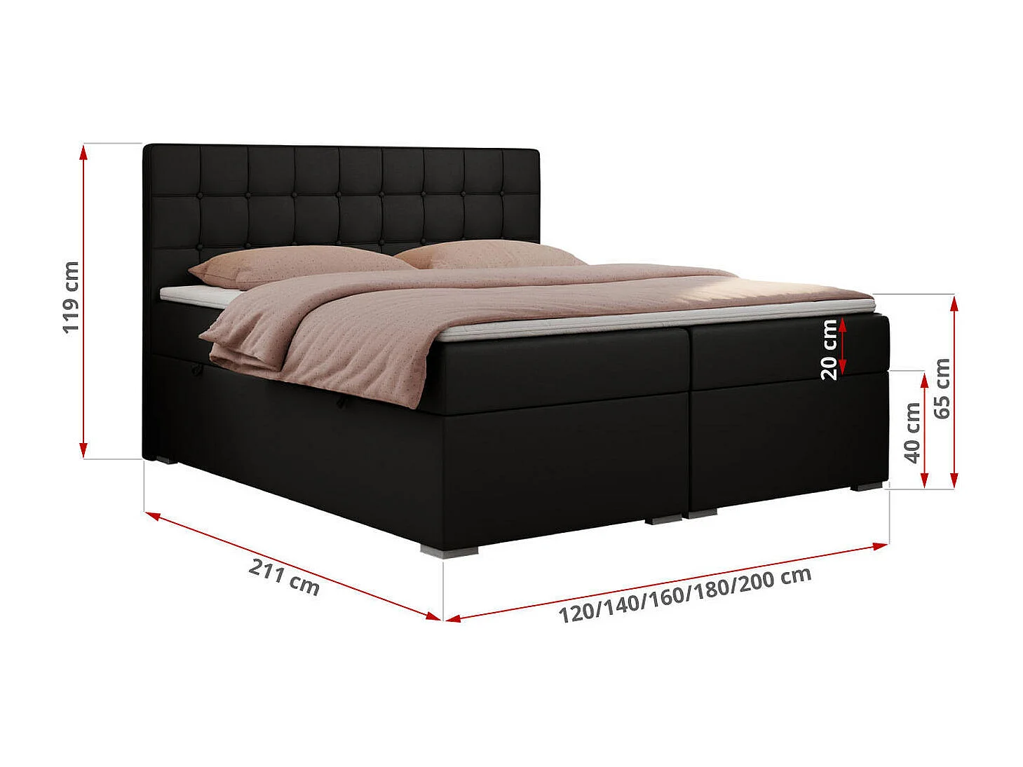 Boxspringbett CARMEN - Polsterbett mit zwei Bettkästen, gesteppte Kopfstütze, Multipocket-Matratze - 120x200 cm - H3 - Schwarz Kunstleder