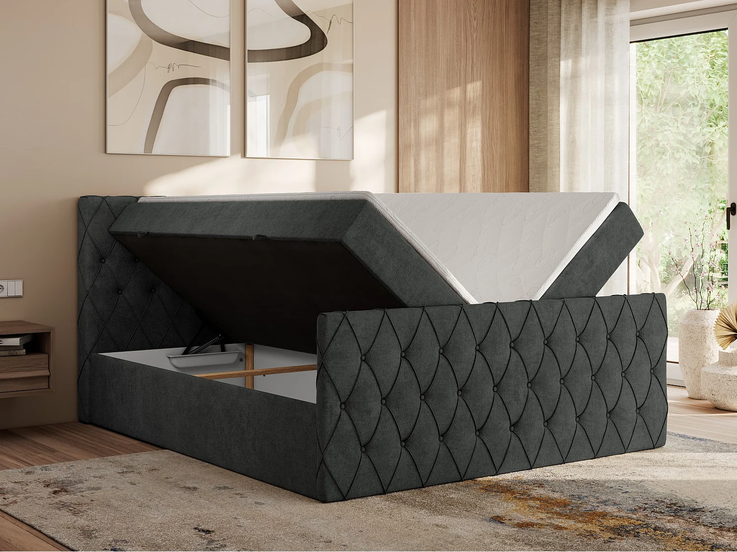 Boxspringbett MIREN DUO - mit gestepptem Kopfteil und Front, Multipocket-Matratze, zwei Bettkästen - 160x200 cm - H3 - Dunkelgrau Strukture