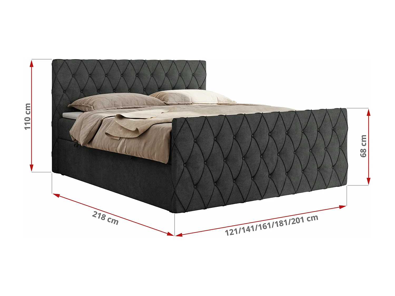 Boxspringbett MIREN DUO - mit gestepptem Kopfteil und Front, Multipocket-Matratze, zwei Bettkästen - 160x200 cm - H3 - Dunkelgrau Strukture