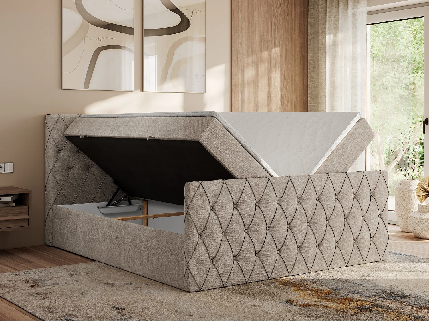 Boxspringbett MIREN DUO - mit gestepptem Kopfteil und Front, Multipocket-Matratze, zwei Bettkästen - 140x200 cm - H3 - Beige Strukture