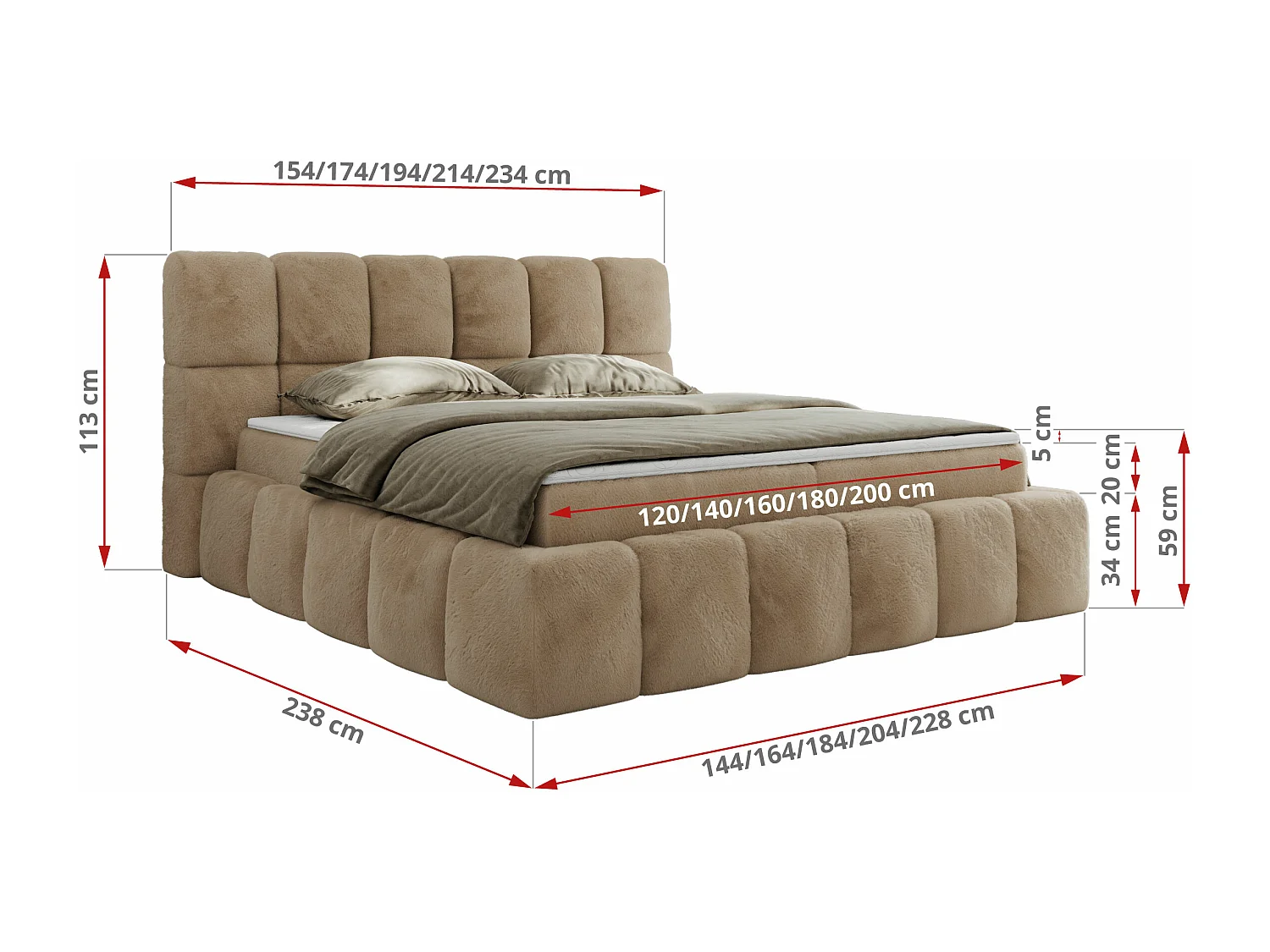 Boxspringbett NIRA - dekorativ kopfteil, Bettkästen und Multipocket-Matratze, Doppelbett für Schlafzimmer - 200x200 cm - H3 - Beige Plüsch