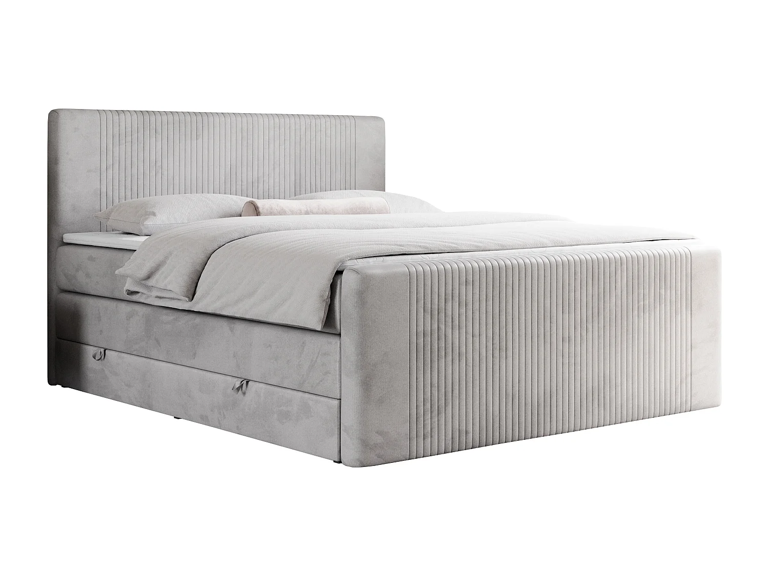 Boxspringbett DOREN KING - mit gesteppter Front und Kopfteil, zwei Multipocket-Matratzen und Topper, Doppelbett - 200x200 cm - H4 - Hellgrau Velvet