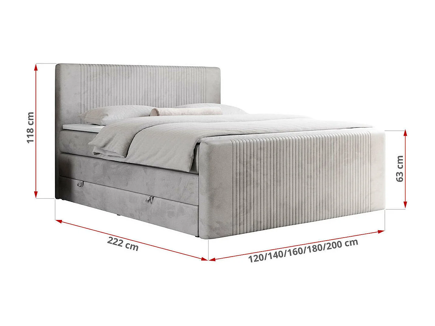 Boxspringbett DOREN KING - mit gesteppter Front und Kopfteil, zwei Multipocket-Matratzen und Topper, Doppelbett - 200x200 cm - H4 - Hellgrau Velvet