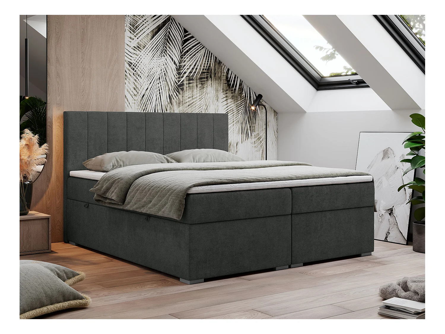 Boxspringbett LOPE - genähtes Kopfteil, Doppelbett mit Stauraum, Multipocket-Matratze, Topper - 200x200 cm - H4 - Dunkelgrau Strukture