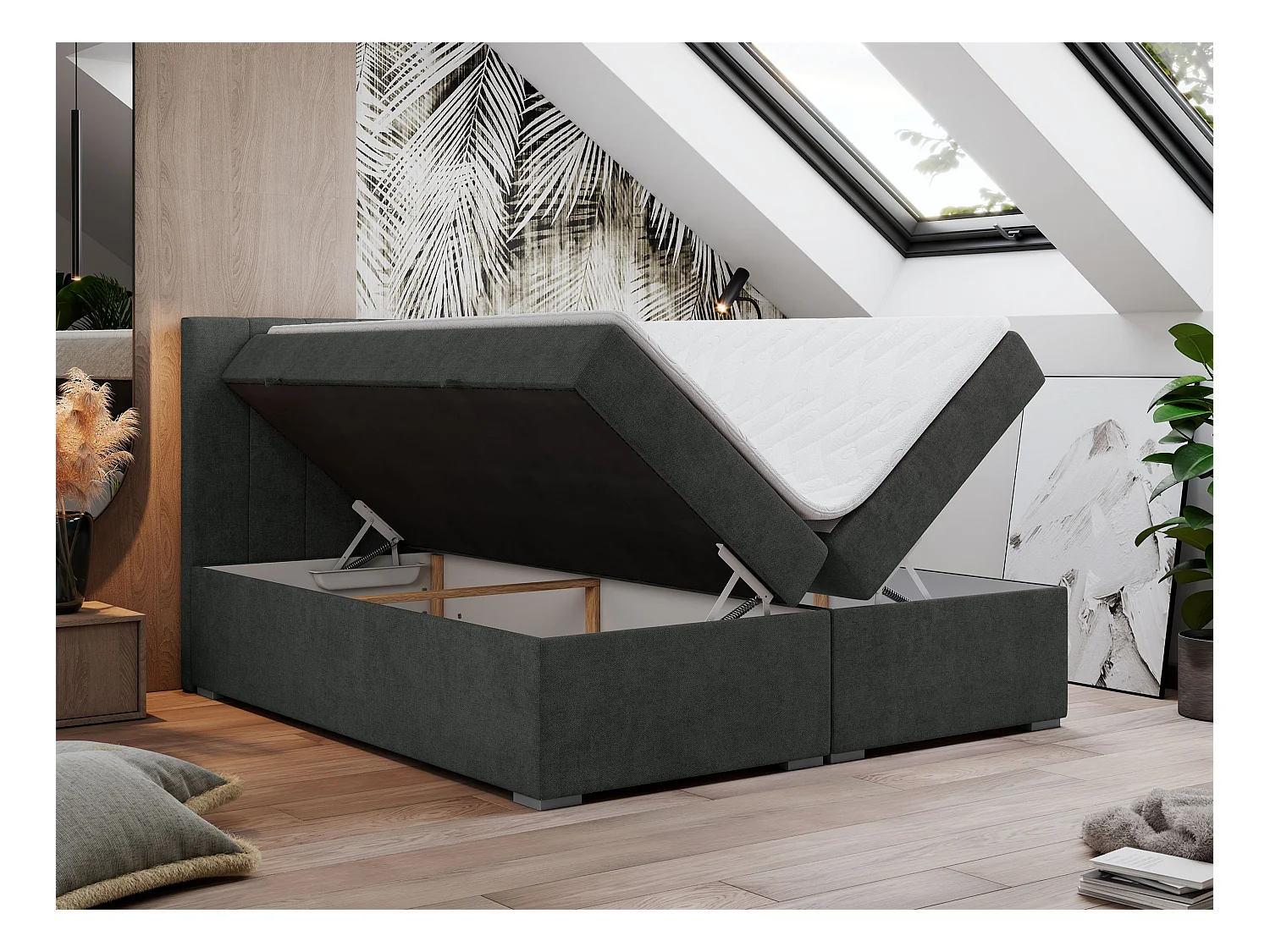 Boxspringbett LOPE - genähtes Kopfteil, Doppelbett mit Stauraum, Multipocket-Matratze, Topper - 200x200 cm - H4 - Dunkelgrau Strukture