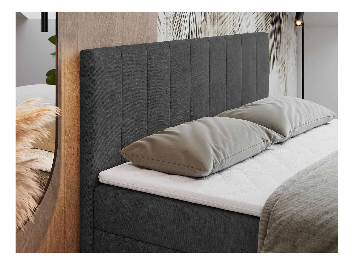 Boxspringbett LOPE - genähtes Kopfteil, Doppelbett mit Stauraum, Multipocket-Matratze, Topper - 200x200 cm - H4 - Dunkelgrau Strukture