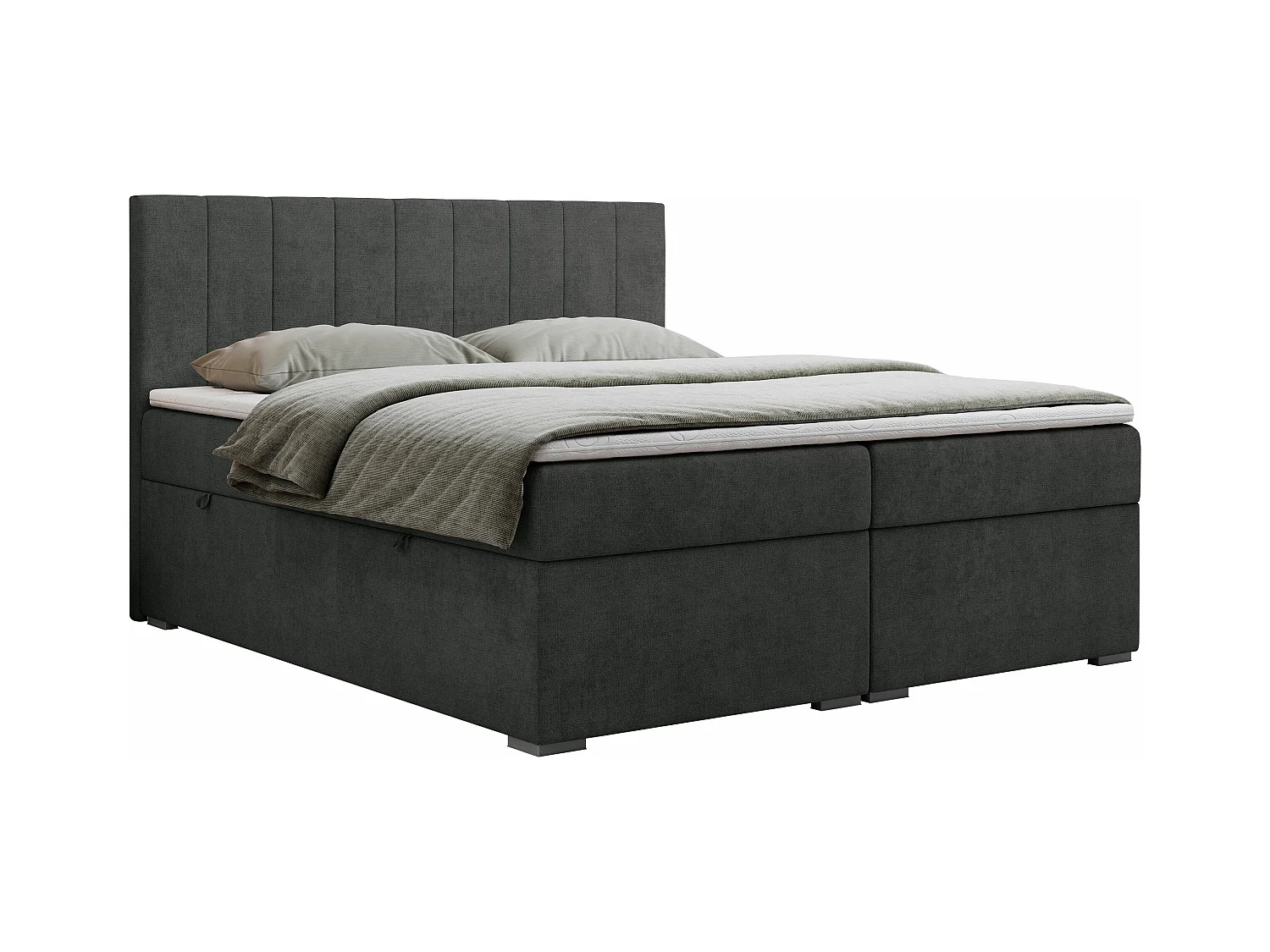 Boxspringbett LOPE - genähtes Kopfteil, Doppelbett mit Stauraum, Multipocket-Matratze, Topper - 200x200 cm - H4 - Dunkelgrau Strukture