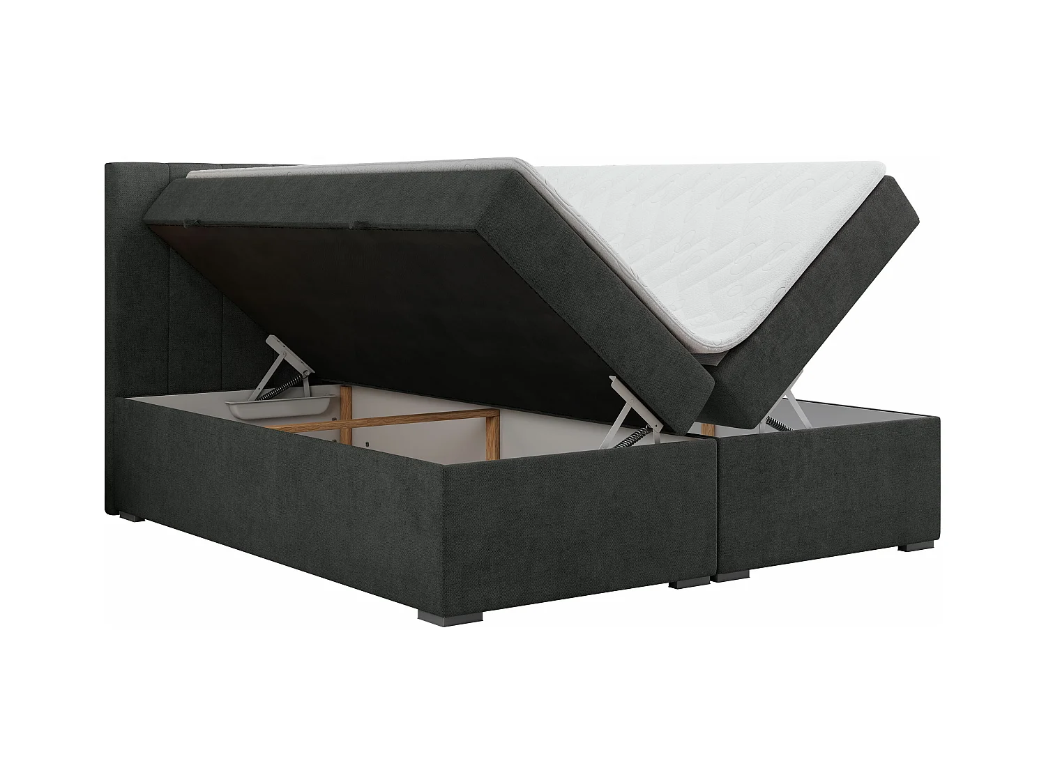 Boxspringbett LOPE - genähtes Kopfteil, Doppelbett mit Stauraum, Multipocket-Matratze, Topper - 200x200 cm - H4 - Dunkelgrau Strukture