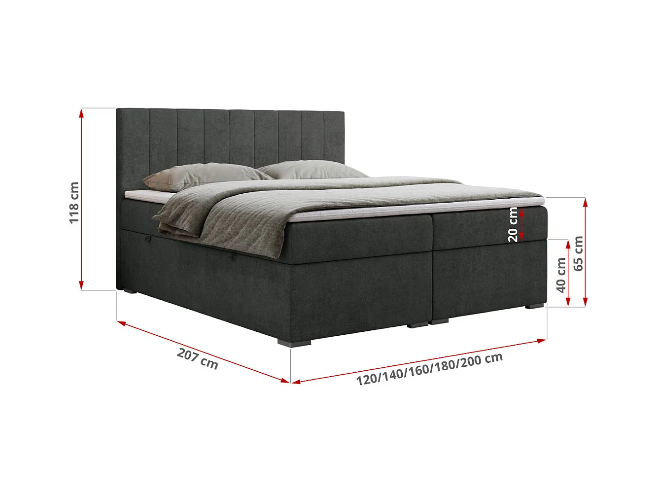 Boxspringbett LOPE - genähtes Kopfteil, Doppelbett mit Stauraum, Multipocket-Matratze, Topper - 200x200 cm - H4 - Dunkelgrau Strukture