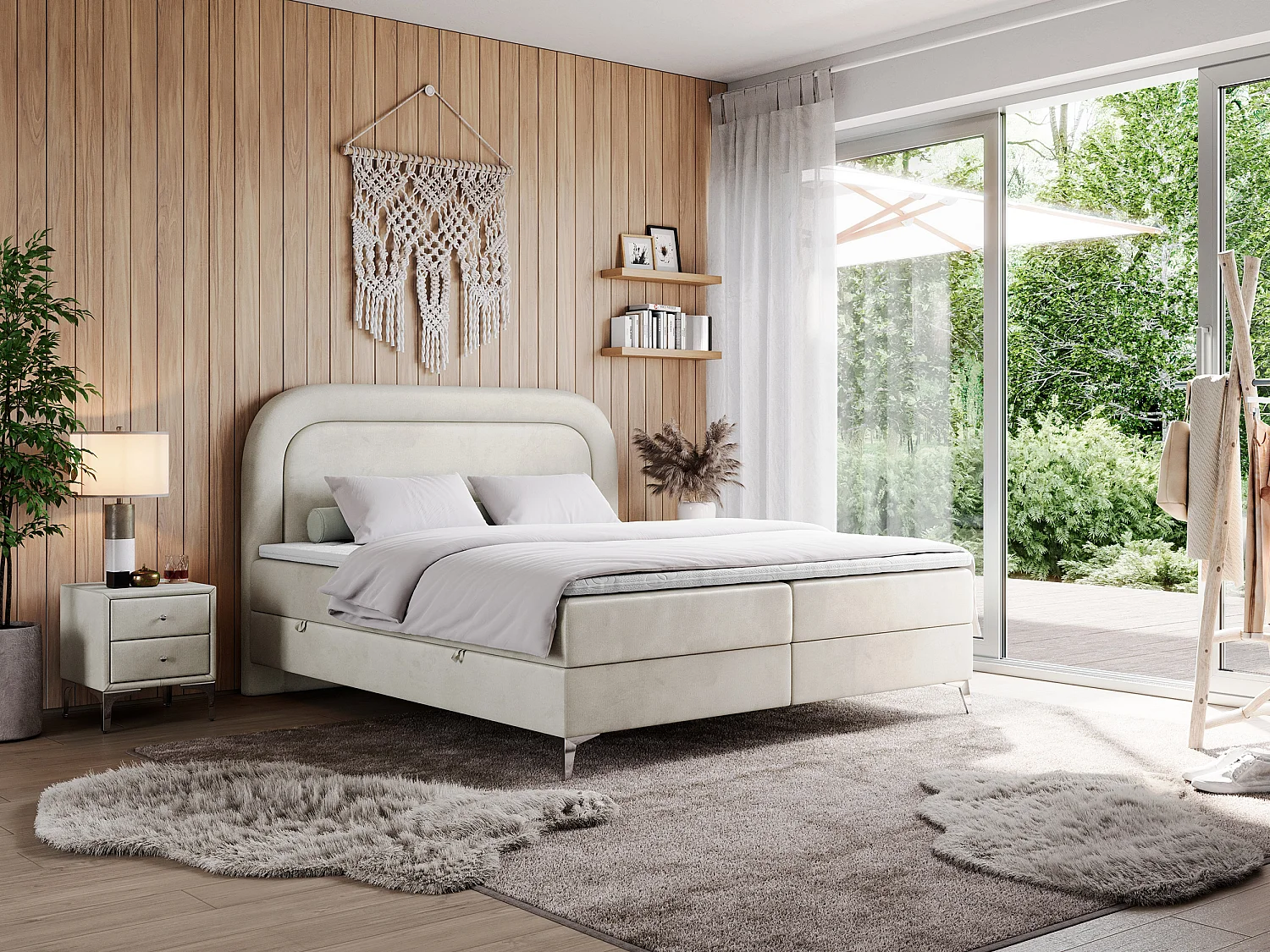 Boxspringbett EIRA - Polsterbett mit Stauraum, Set mit Kopfteil und Multipocket-Matratze, Metallbeine - 140x200 cm - H4 - Beige Velvet