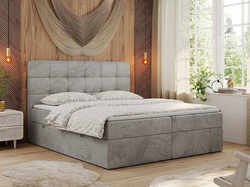 Boxspringbett ERNI - mit gestepptem Kopfteil, Polsterbett, Multipocket-Matratze und Topper, Bettkästen - 180x200 cm - H3 - Hellgrau Velvet