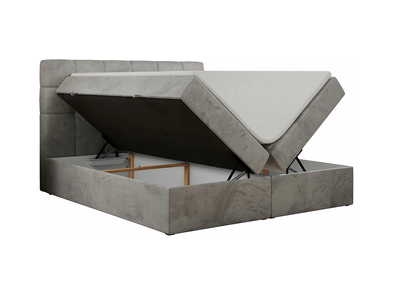 Boxspringbett ERNI - mit gestepptem Kopfteil, Polsterbett, Multipocket-Matratze und Topper, Bettkästen - 180x200 cm - H3 - Hellgrau Velvet