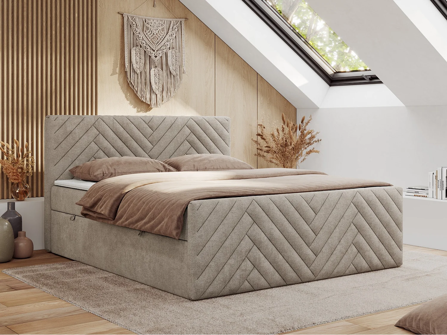 Boxspringbett PARIS DUO - Polsterbett mit genähtem Kopfteil und Frontplatte, Doppelbett, zwei Bettkästen - 140x200 cm - H4 - Beige Strukture