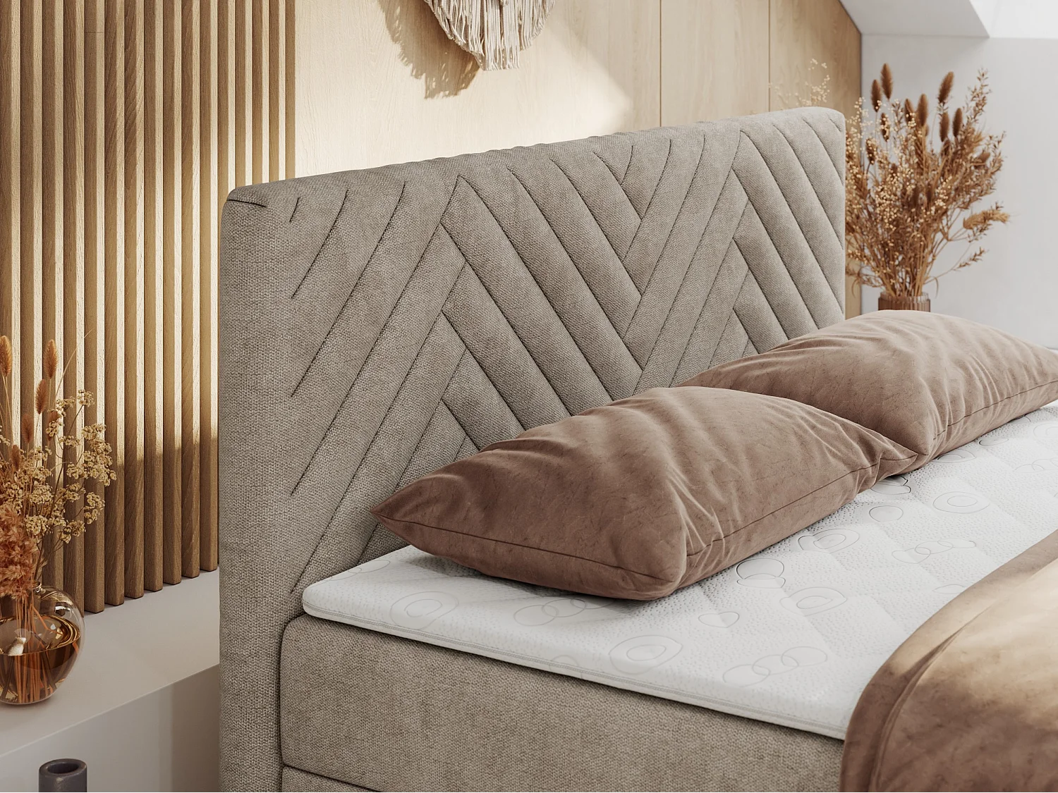 Boxspringbett PARIS DUO - Polsterbett mit genähtem Kopfteil und Frontplatte, Doppelbett, zwei Bettkästen - 140x200 cm - H4 - Beige Strukture