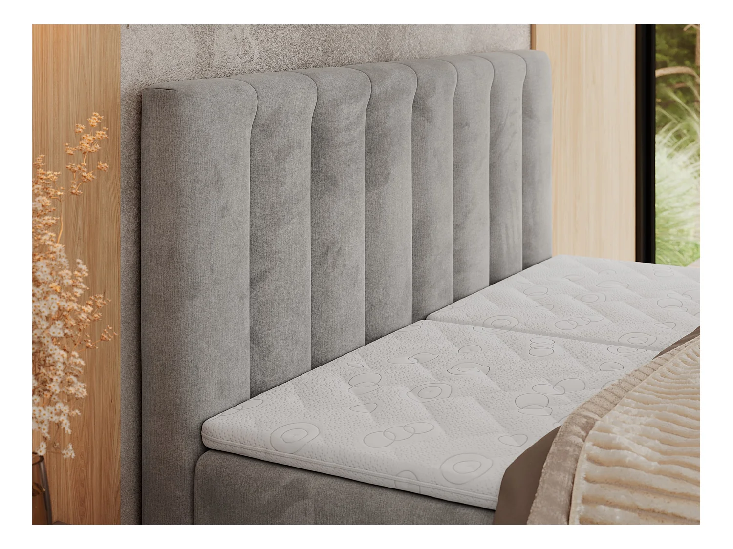 Boxspringbett COMFORTO - Doppelbett, Elektrisch verstellbare, Multipocket-Matratzen und Topper, genähtes Kopfteil - 160x200 cm - H3 - Hellgrau Velvet