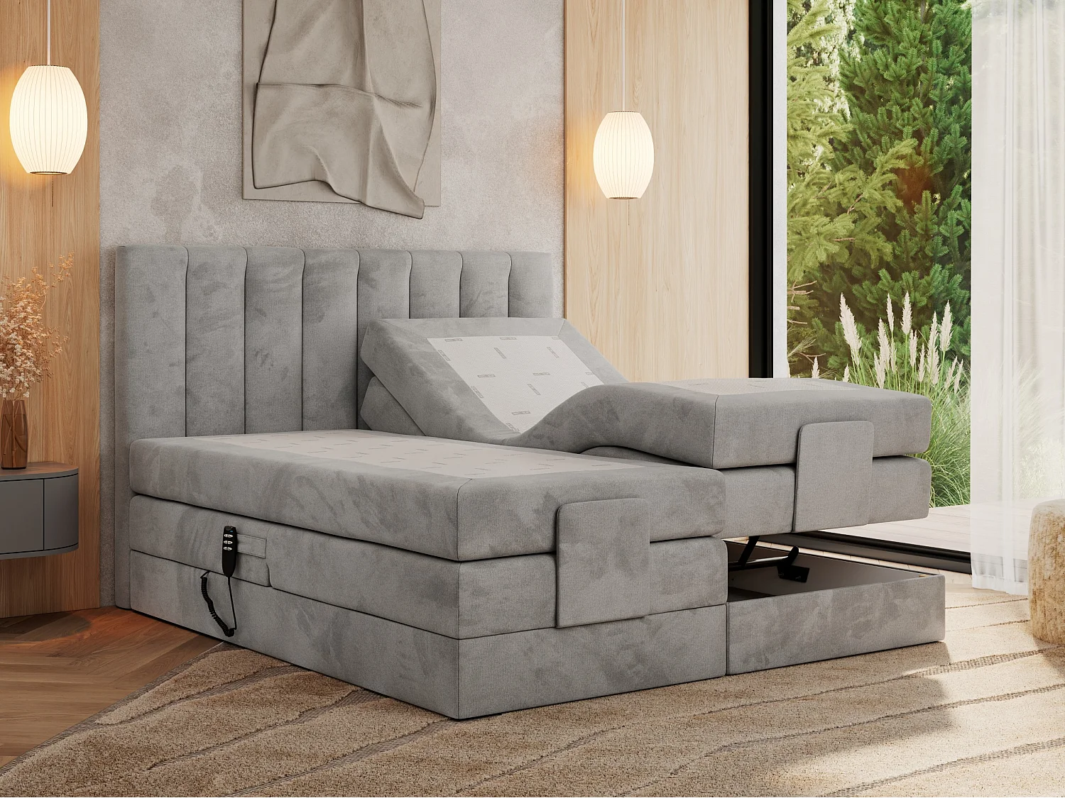 Boxspringbett COMFORTO - Doppelbett, Elektrisch verstellbare, Multipocket-Matratzen und Topper, genähtes Kopfteil - 160x200 cm - H3 - Hellgrau Velvet