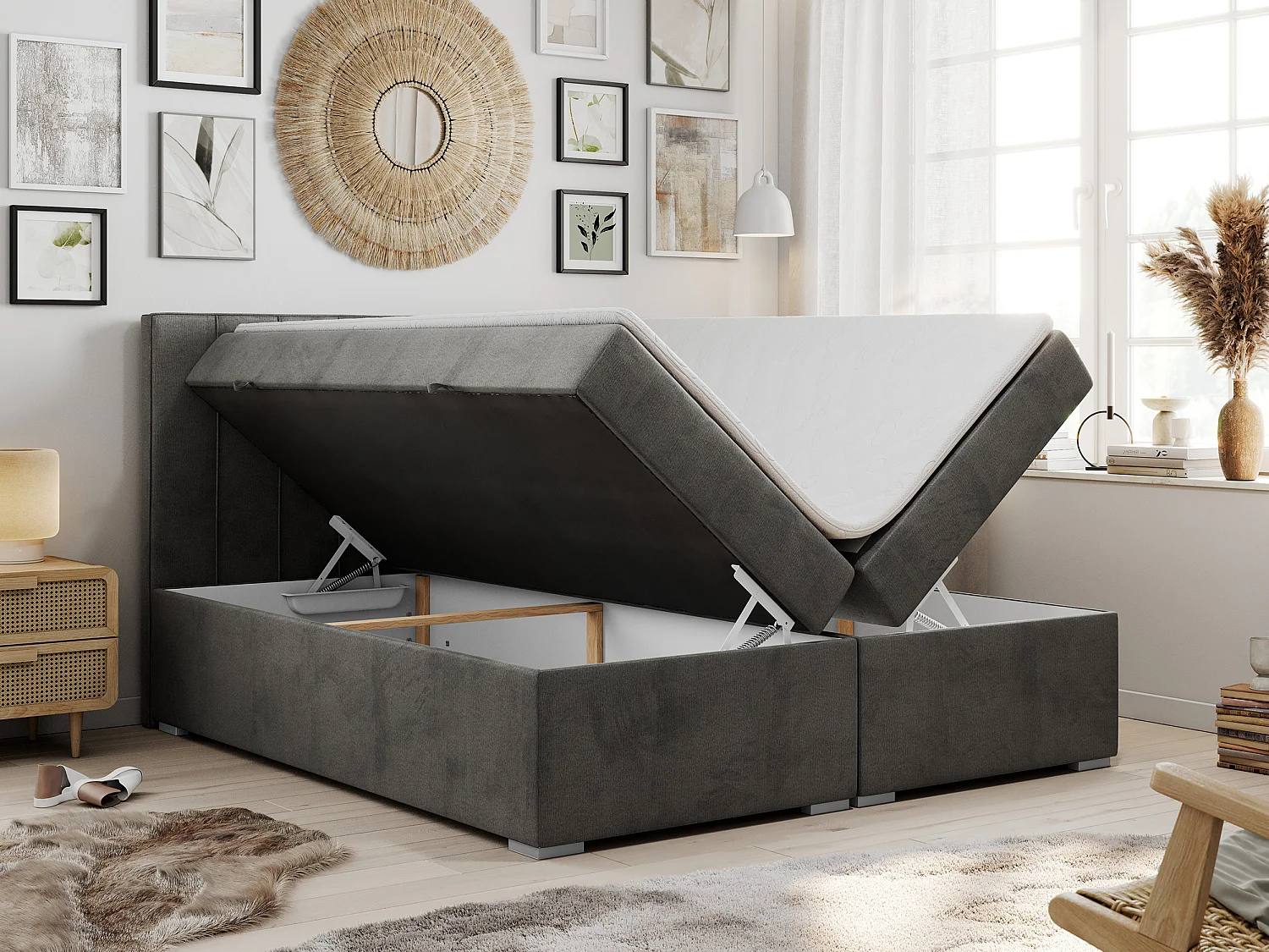 Boxspringbett ALLY - gestreiftes, genähtes Kopfteil, zwei Bettkästen, Multipocket-Matratzen, Praktisch Polsterbett - 140x200 cm - H3 - Dunkelgrau Velvet