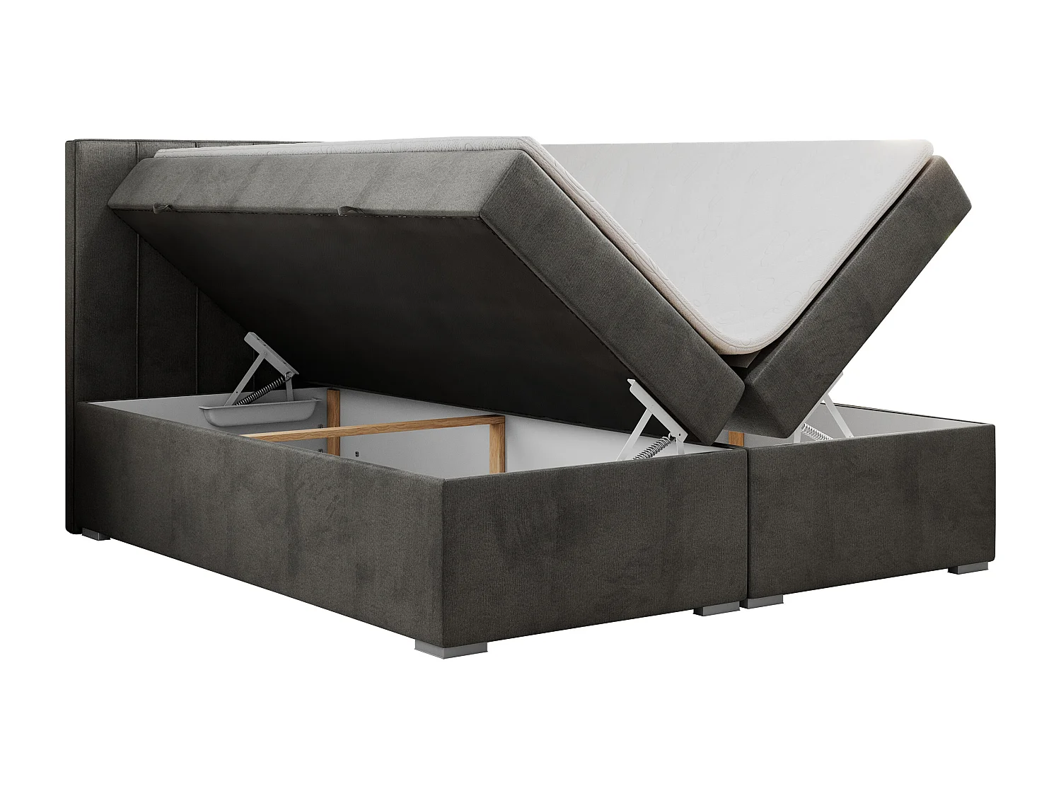 Boxspringbett ALLY - gestreiftes, genähtes Kopfteil, zwei Bettkästen, Multipocket-Matratzen, Praktisch Polsterbett - 140x200 cm - H3 - Dunkelgrau Velvet