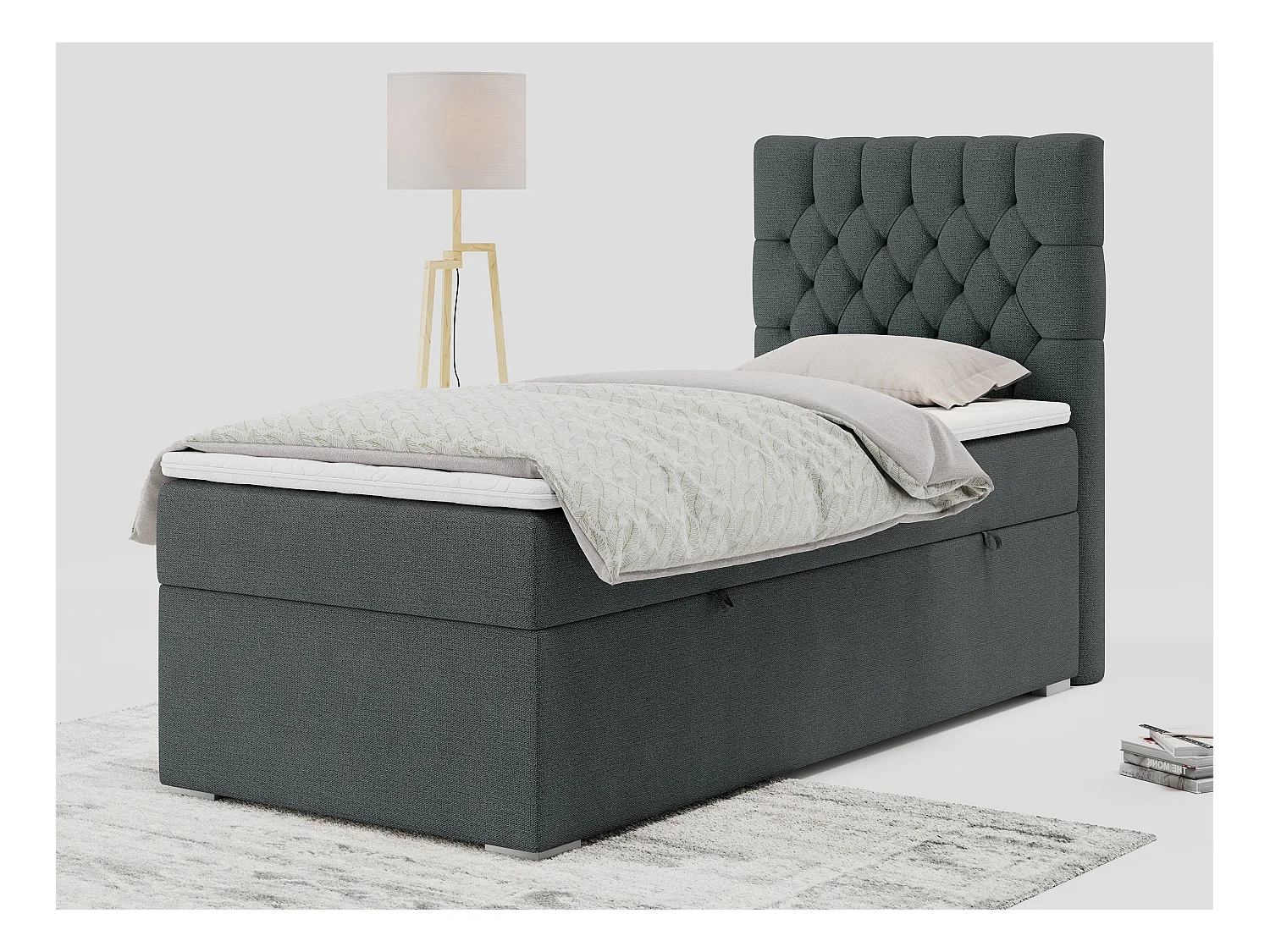 Boxspringbett PERA - Einzelbett mit Kopfstütze, Polsterbett, Multipocket-Matratze, genähtes Kopfteil - 90x200 cm - H4 - Dunkelgrau Strukture - Rechts Seite