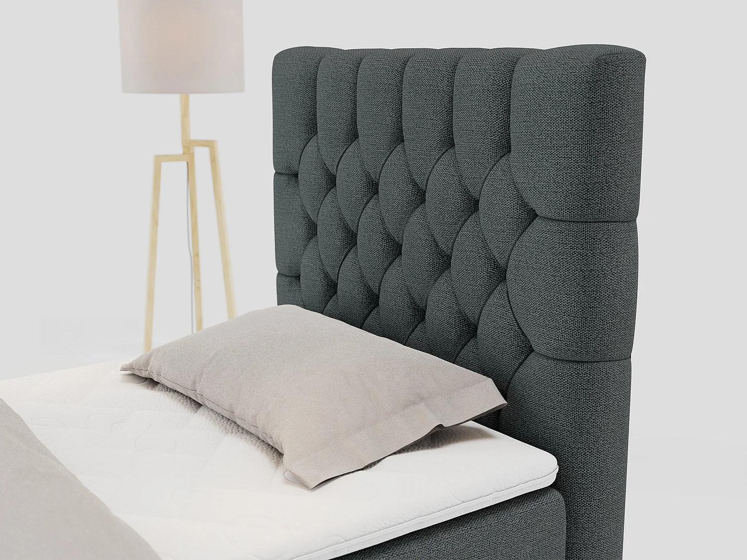 Boxspringbett PERA - Einzelbett mit Kopfstütze, Polsterbett, Multipocket-Matratze, genähtes Kopfteil - 90x200 cm - H4 - Dunkelgrau Strukture - Rechts Seite