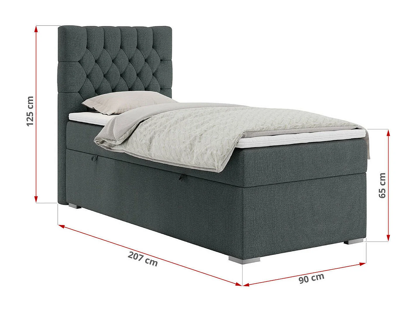 Boxspringbett PERA - Einzelbett mit Kopfstütze, Polsterbett, Multipocket-Matratze, genähtes Kopfteil - 90x200 cm - H4 - Dunkelgrau Strukture - Rechts Seite