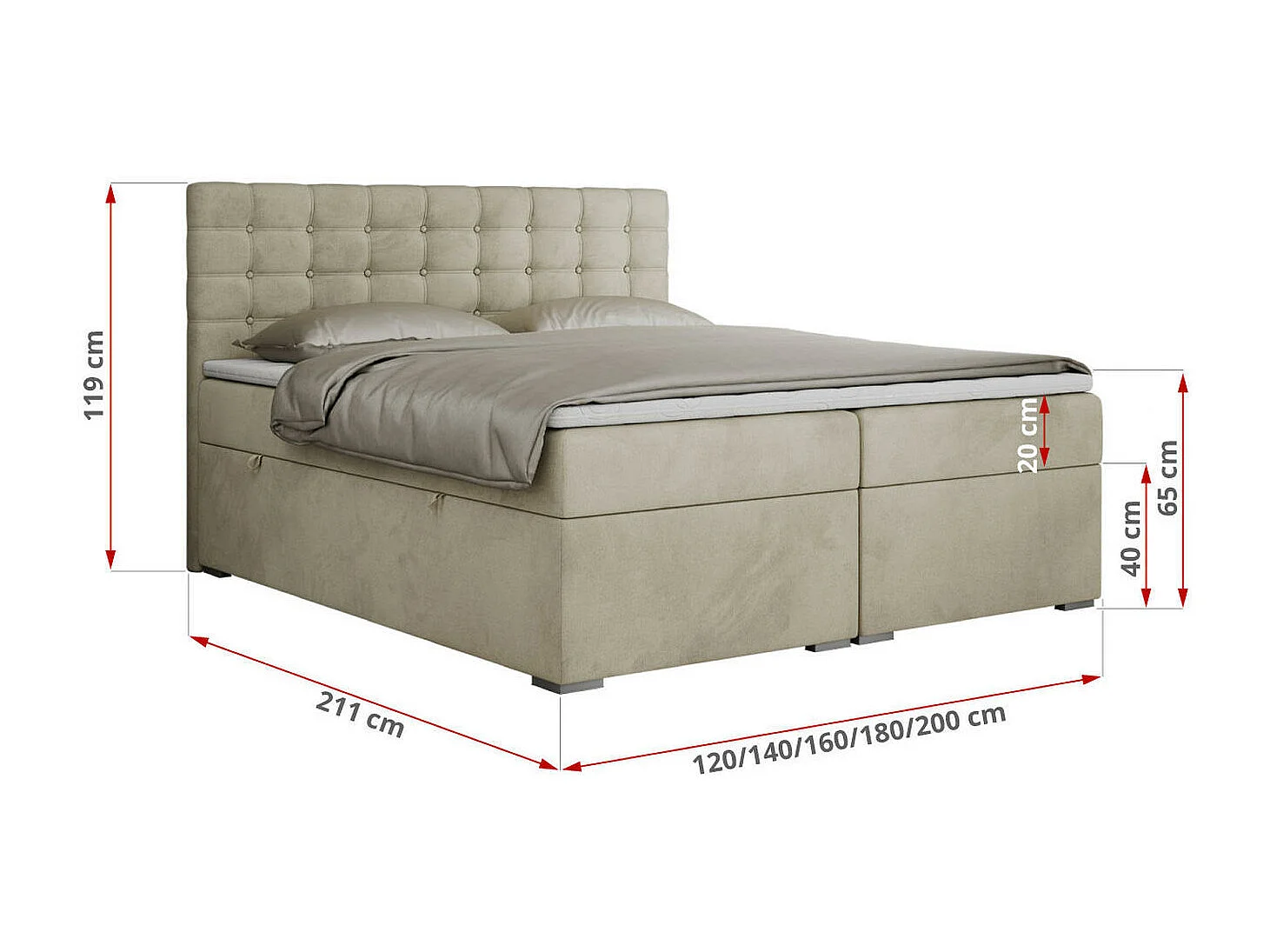 Boxspringbett SUSAN - mit gestepptem Kopfteil, zwei Bettkästen und Topper, gepolstertes Schlafzimmerbett - 200x200 cm - H4 - Beige Velvet