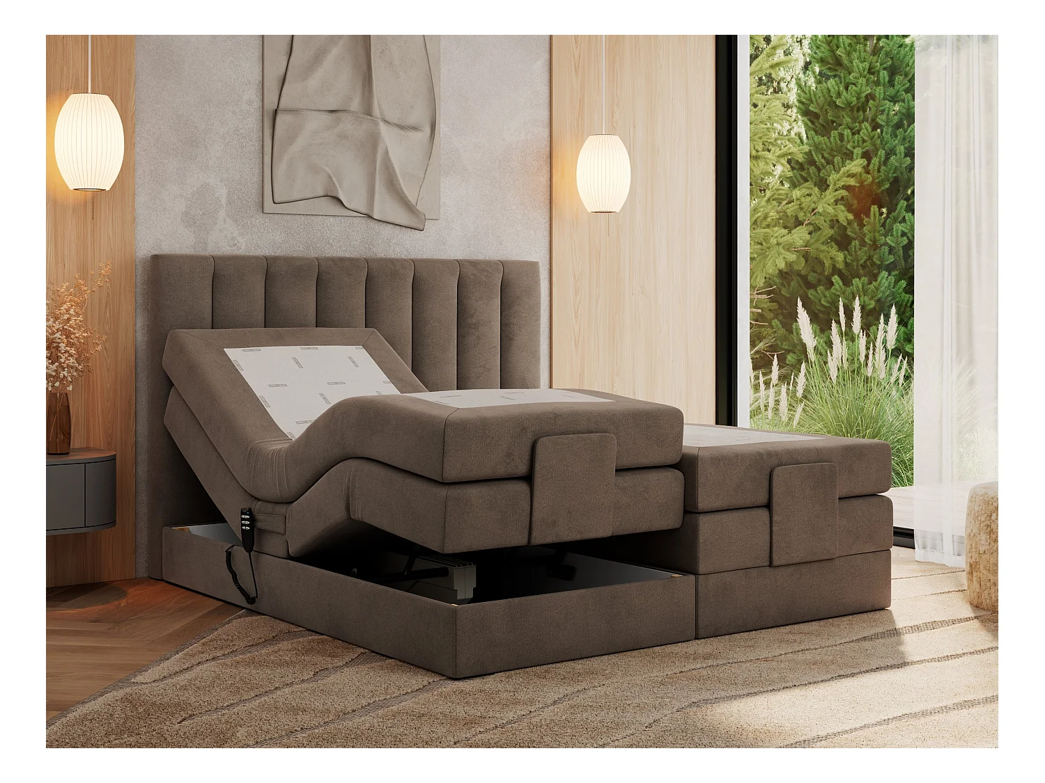 Boxspringbett COMFORTO - Doppelbett, Elektrisch verstellbare, Multipocket-Matratzen und Topper, genähtes Kopfteil - 180x200 cm - H4 - Braun Velvet