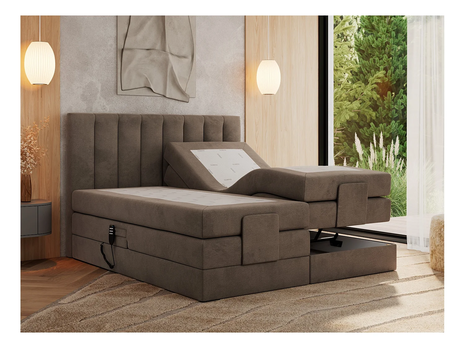 Boxspringbett COMFORTO - Doppelbett, Elektrisch verstellbare, Multipocket-Matratzen und Topper, genähtes Kopfteil - 180x200 cm - H4 - Braun Velvet