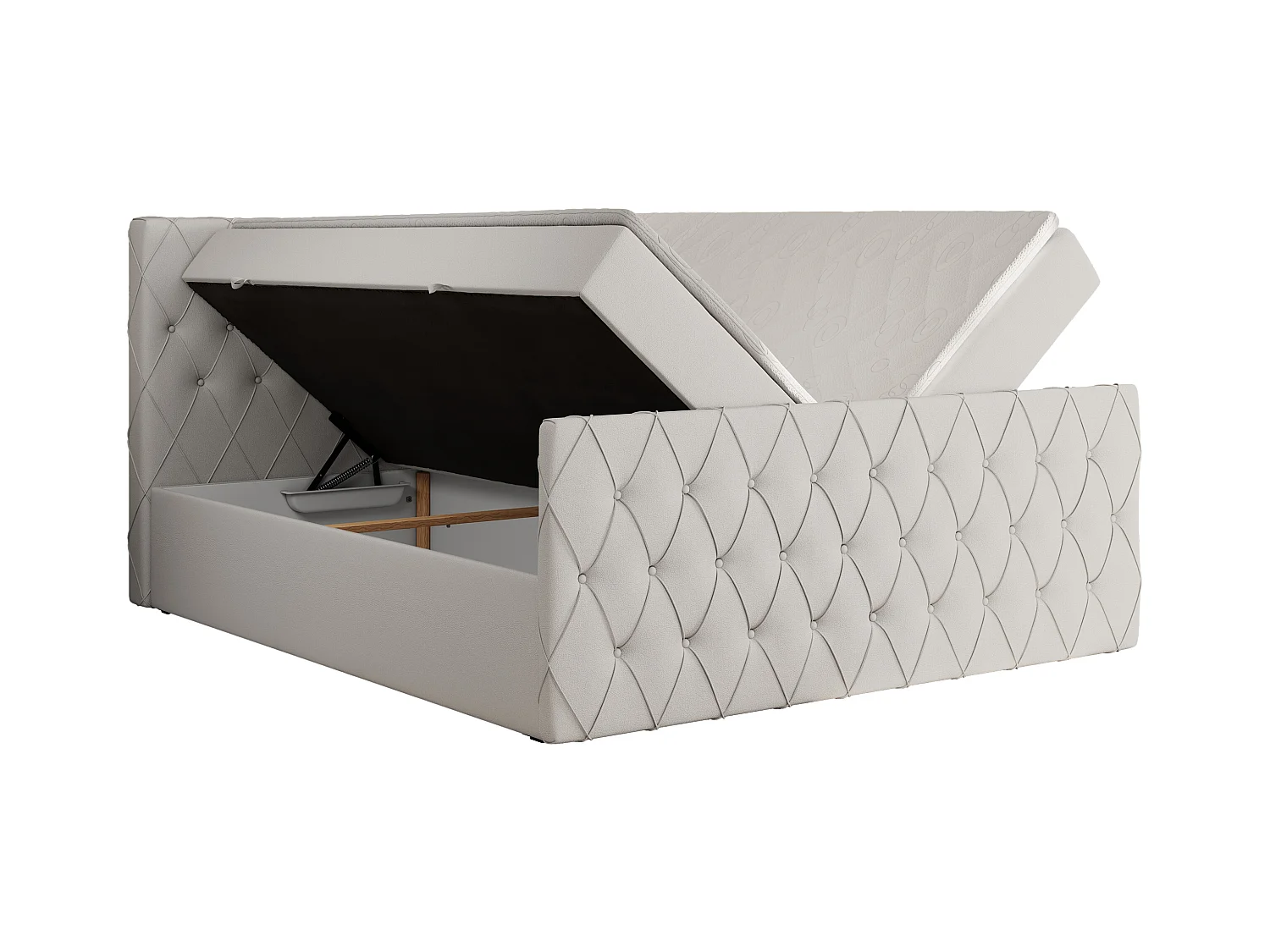 Boxspringbett MIREN DUO - mit gestepptem Kopfteil und Front, Multipocket-Matratze, zwei Bettkästen - 200x200 cm - H4 - Weiß Kunstleder