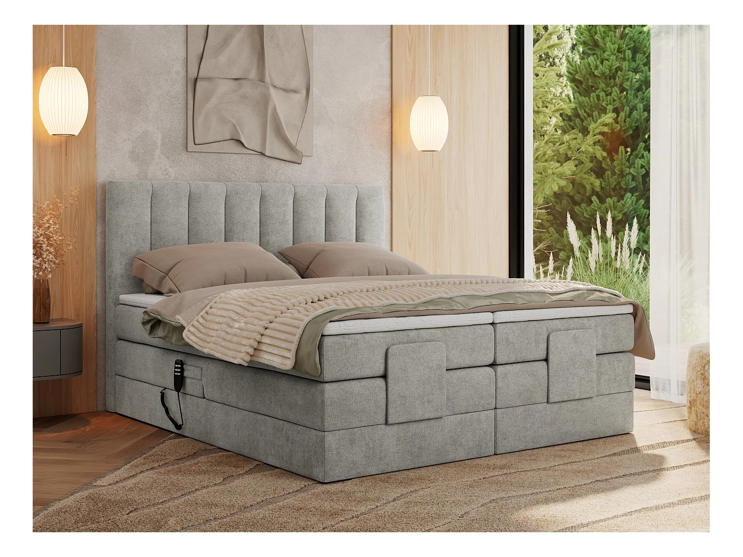 Boxspringbett COMFORTO - Doppelbett, Elektrisch verstellbare, Multipocket-Matratzen und Topper, genähtes Kopfteil - 180x200 cm - H3 - Hellgrau Strukture