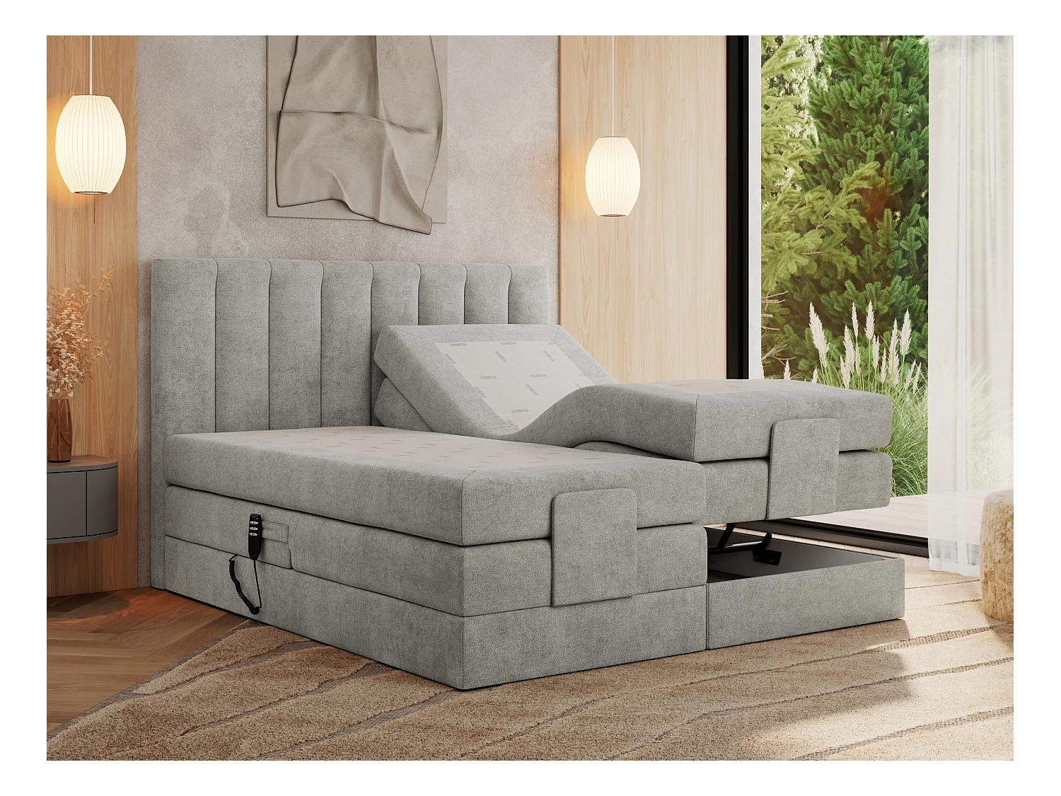 Boxspringbett COMFORTO - Doppelbett, Elektrisch verstellbare, Multipocket-Matratzen und Topper, genähtes Kopfteil - 180x200 cm - H3 - Hellgrau Strukture