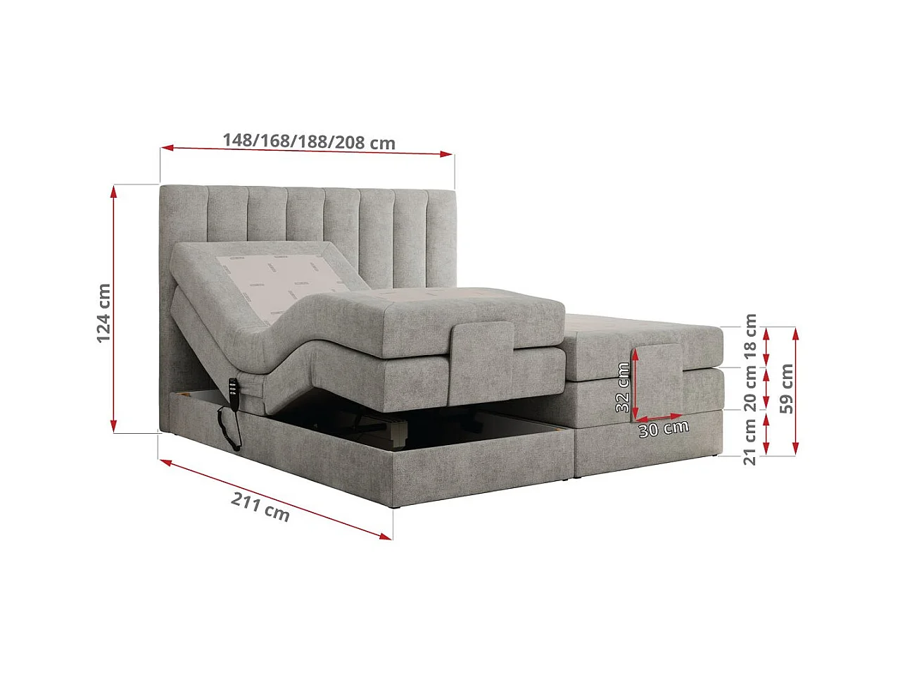 Boxspringbett COMFORTO - Doppelbett, Elektrisch verstellbare, Multipocket-Matratzen und Topper, genähtes Kopfteil - 180x200 cm - H3 - Hellgrau Strukture