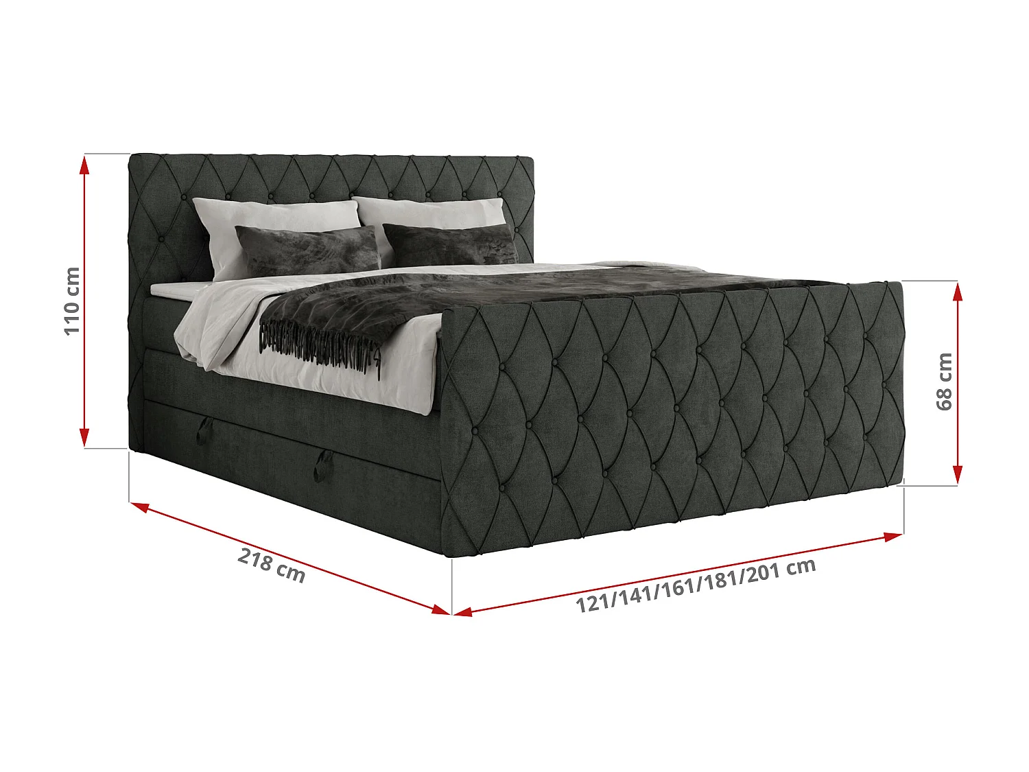 Boxspringbett MIREN KING DUO - für Schlafzimmer mit zwei Multipocket-Matratzen und Topper, gestepptes Kopfteil und Front  - 180x200 cm - H3 - Dunkelgrau Strukture