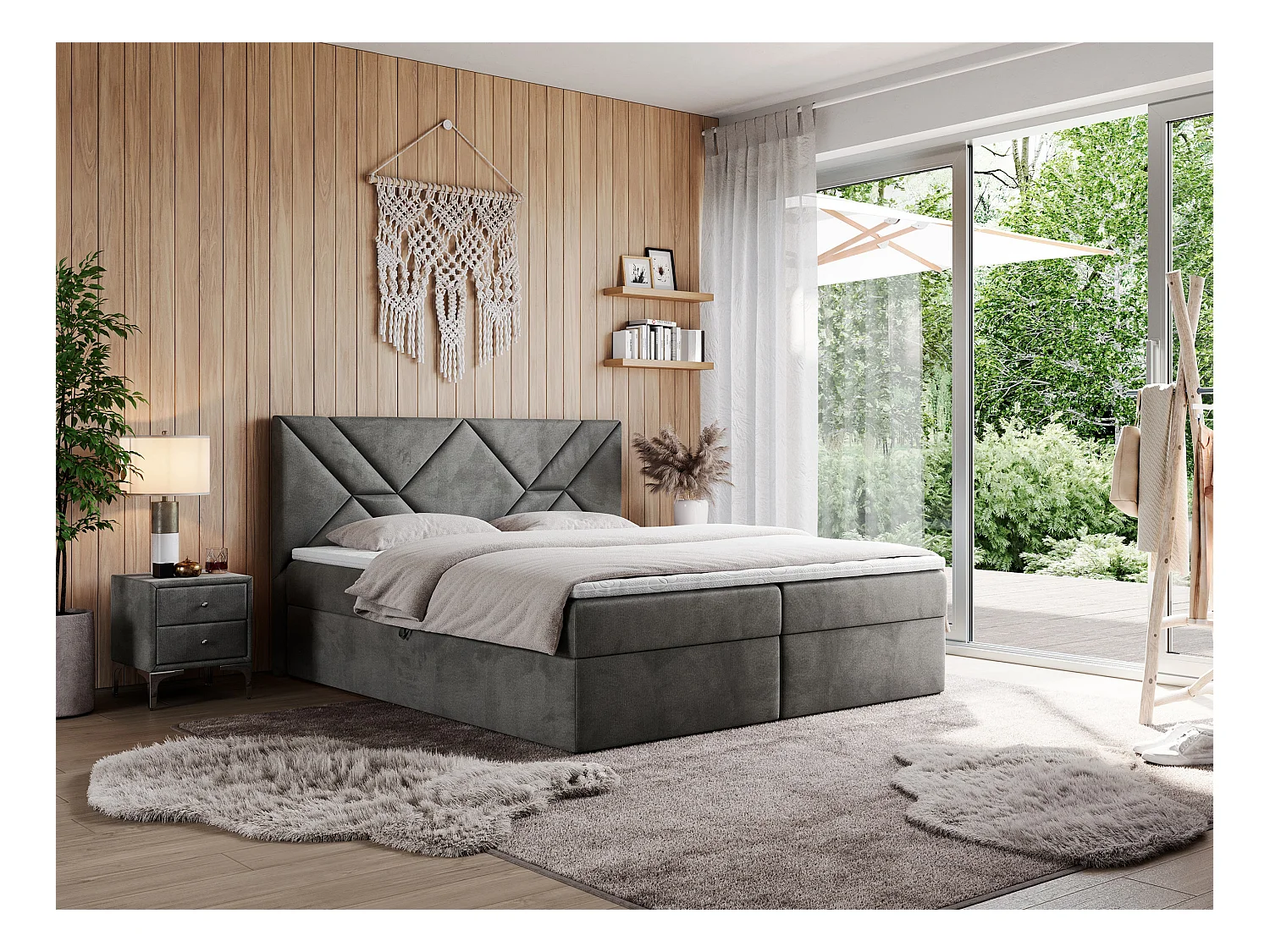 Boxspringbett NEOMI - dekorativem Kopfteil, Polsterbett mit Multipocket-Matratzen, zwei Bettkästen - 180x200 cm - H3 - Hellgrau Strukture